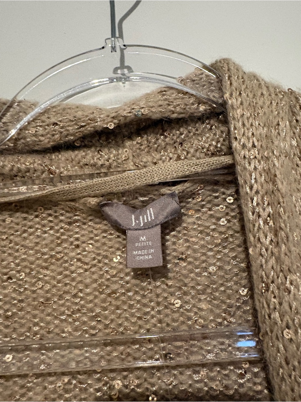 J Jill‎ mohair Sequin metallic open front Cardigan tan beige size medium petite - Picture 3 of 6